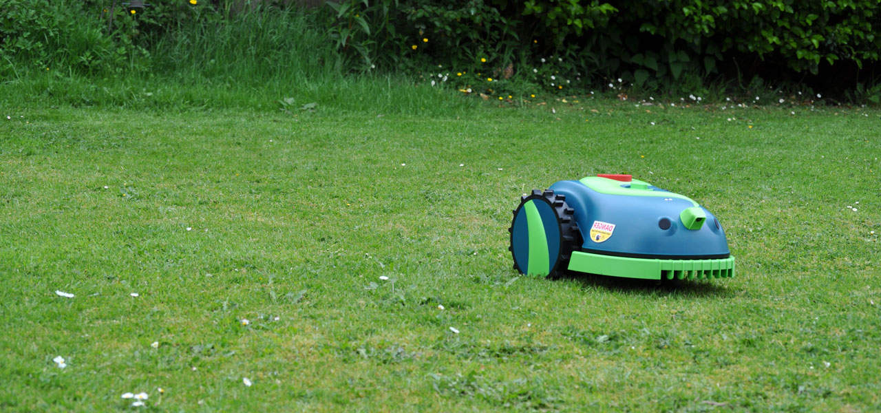 A HomeBot Ireland robotic lawn mower, affectionately known as Buddy, is manoeuvring on a well-kept grassy lawn. The mower is predominantly dark green with light green accents, featuring large black wheels. The background includes some greenery and small yellow flowers.