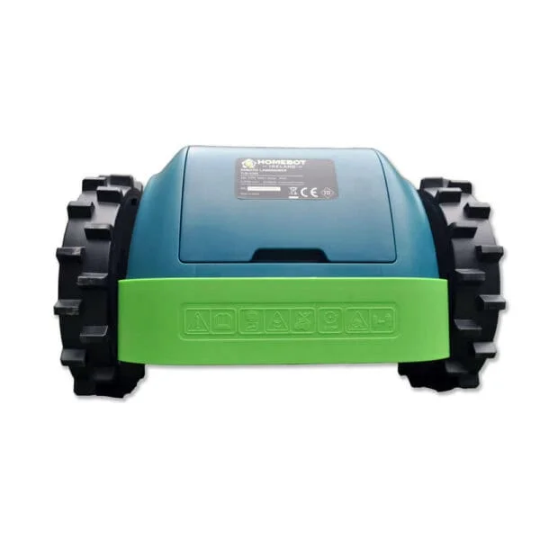 A compact, green and black robot lawn mower viewed from the rear. Buddy the Robot Lawn Mower has large rugged wheels and displays various icons and a brand label on its body. The overall design appears robust and suitable for handling different terrains.