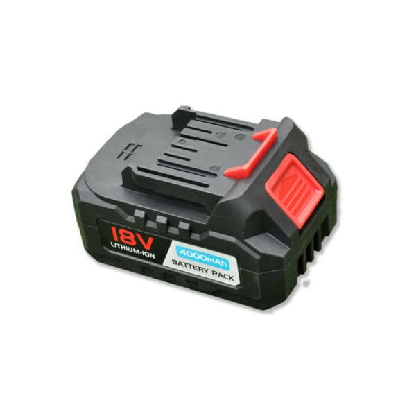 Image of an 18V lithium-ion battery pack with a 4000mAh capacity, perfect for Buddy the Robot Lawn Mower. The battery is black with red and gray accents and features a large red latch for secure placement. The label on the side displays the voltage and capacity specifications clearly.