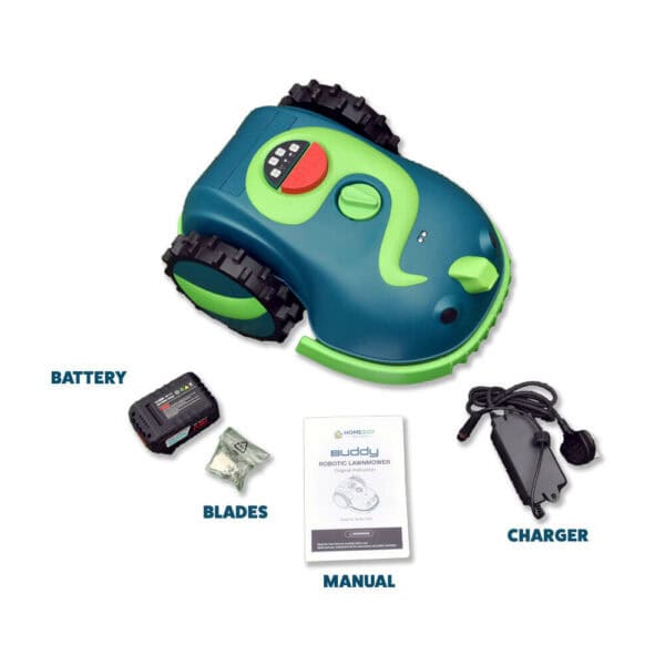 The image shows a Buddy the Robot Lawn Mower with a light green and dark green body. Alongside it are a battery, blades, a manual, and a charger, all labeled. The mower has large, rugged wheels and a red button on top. The brand name "Buddy" appears on the manual.