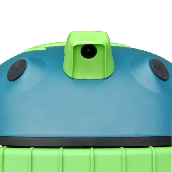 Close-up of Buddy the Robot Lawn Mower, a camera-equipped robot lawn mower with a dark green and light green body. The camera is located at the top centre, surrounded by two black circular sensors on a rounded blue surface. The design features a green section below the camera.