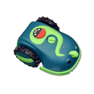 Buddy the Robot Lawn Mower, a small light green and dark green robotic lawn mower with large black and green wheels, features buttons and a dial on its top surface. Designed for automated lawn care, it stands out against the black background, showcasing its vibrant colours and modern design.