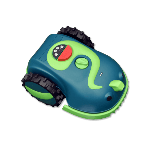 Buddy the Robot Lawn Mower, a small light green and dark green robotic lawn mower with large black and green wheels, features buttons and a dial on its top surface. Designed for automated lawn care, it stands out against the black background, showcasing its vibrant colours and modern design.