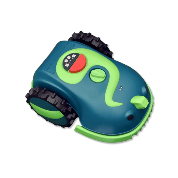 Buddy the Robot Lawn Mower, a small light green and dark green robotic lawn mower with large black and green wheels, features buttons and a dial on its top surface. Designed for automated lawn care, it stands out against the black background, showcasing its vibrant colours and modern design.