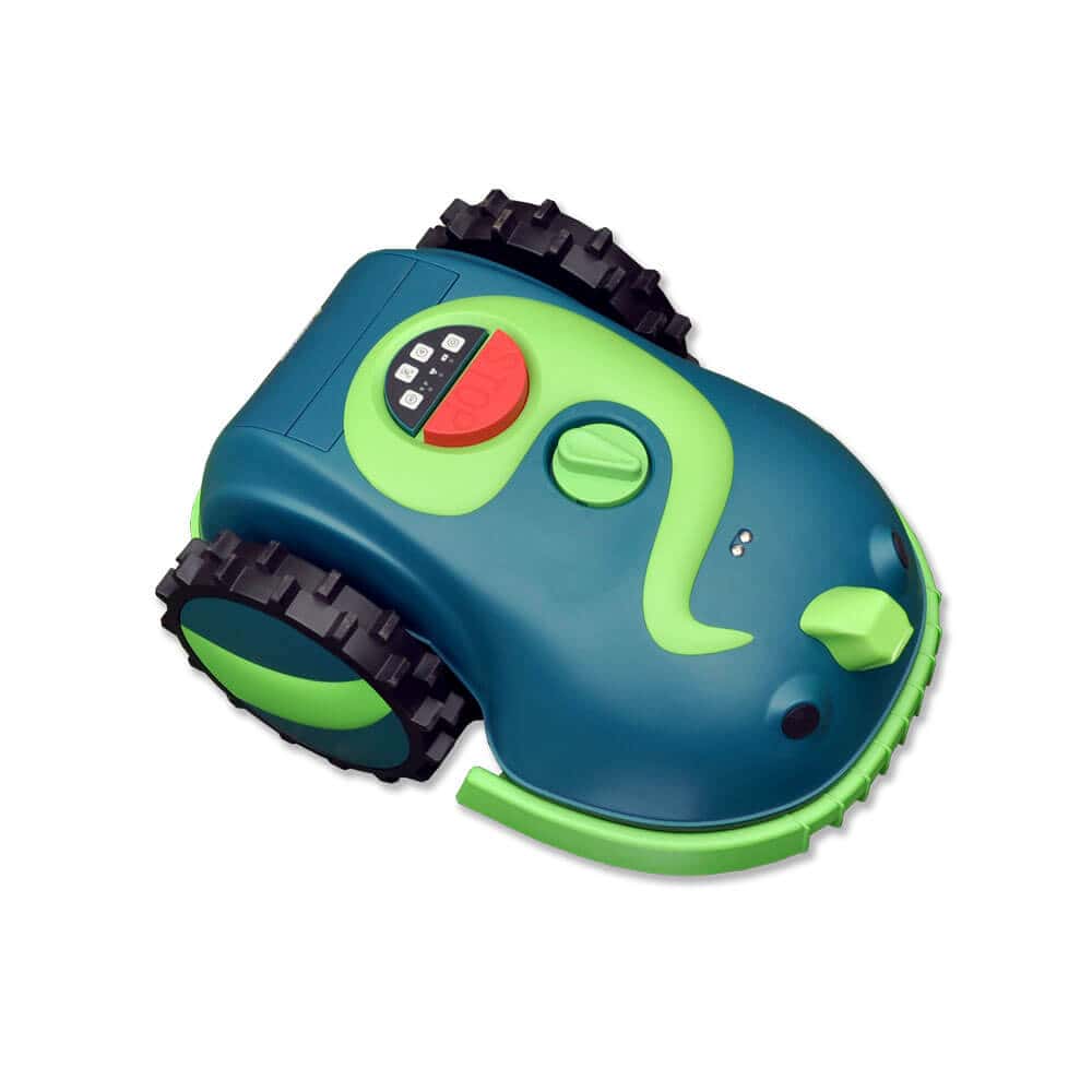 A compact light green and dark green Buddy the Robot Lawn Mower with large black wheels and control buttons on top. The rounded top features a prominent dial and display screen, making this ideal buddy for independent lawn care in gardens or yards.