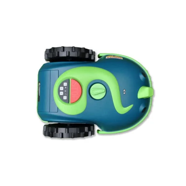 A top-down view of Buddy the Robot Lawn Mower, which is light and dark green with black wheels. The Lawn Mower features a prominent STOP button in red, various control buttons, and a dial on its surface. The design is sleek and modern against a white background.