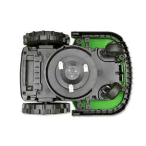 Chomper the Robot Lawn Mower - bottom view A view of Chomper the Robot Lawn Mower turned upside down. The image shows the underside, featuring large, rugged wheels, two smaller swivel wheels, and a circular cutting blade in the center. The base of this lawn care marvel is primarily black with green accents.