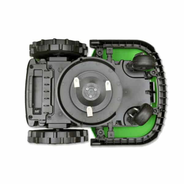 A view of Chomper the Robot Lawn Mower turned upside down. The image shows the underside, featuring large, rugged wheels, two smaller swivel wheels, and a circular cutting blade in the center. The base of this lawn care marvel is primarily black with green accents.