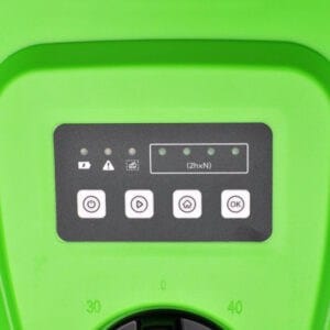 A green control panel of the Chomper robot lawn mower. Black display features 7 indicator lights, and four buttons for controlling and setting up the robot.