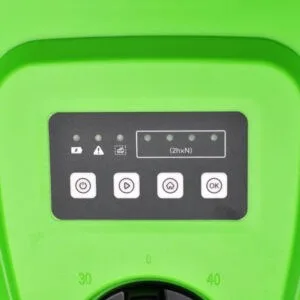 Chomper the Robot Lawn Mower - control panel A green control panel of the Chomper robot lawn mower. Black display features 7 indicator lights, and four buttons for controlling and setting up the robot.