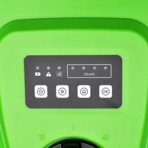 A green control panel of the Chomper robot lawn mower. Black display features 7 indicator lights, and four buttons for controlling and setting up the robot.
