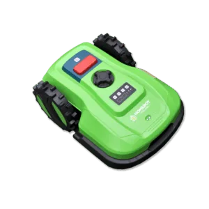 A green robotic lawn mower, features large black wheels and a control panel on top with buttons for operation and status indicators. Chomper the Robot Lawn Mower's compact design is ideal for autonomous grass-cutting tasks.