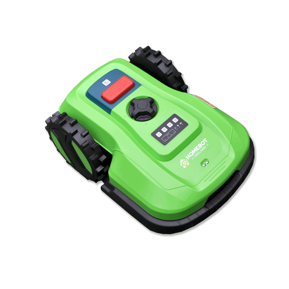 A green robotic lawn mower, features large black wheels and a control panel on top with buttons for operation and status indicators. Chomper the Robot Lawn Mower's compact design is ideal for autonomous grass-cutting tasks.