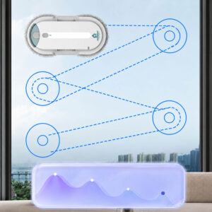 HomeBot Glaze window cleaner following its bionic cleaning path across a window