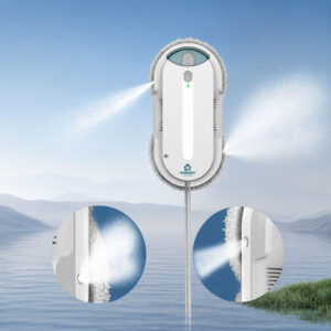 HomeBot Glaze robot window cleaner cleaning a large glass window with dual water spray