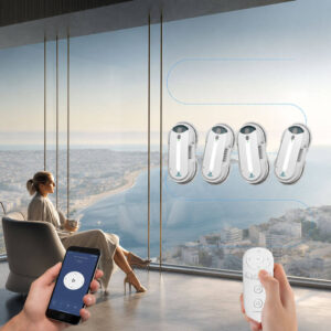 2.4G remote control and app used to control the HomeBot Glaze window cleaning robot