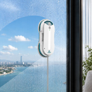 HomeBot Glaze robot window cleaner cleaning a large glass window