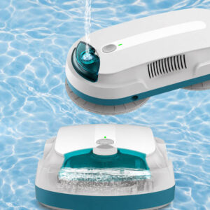 HomeBot Glaze robot window cleaner with its 65ml external water tank being filled