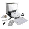 A Glider Robot Vacuum and Mop and its accessories. The main unit is white with a black base. Accessories include two round mop pads, a brush, a charging cable, a cardboard filter, a user manual, and an additional bag. The setup instructions are displayed on a laminated sheet.