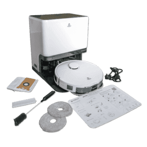 A Glider Robot Vacuum and Mop and its accessories. The main unit is white with a black base. Accessories include two round mop pads, a brush, a charging cable, a cardboard filter, a user manual, and an additional bag. The setup instructions are displayed on a laminated sheet.