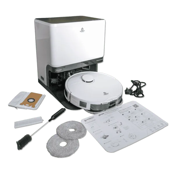 A Glider Robot Vacuum and Mop and its accessories. The main unit is white with a black base. Accessories include two round mop pads, a brush, a charging cable, a cardboard filter, a user manual, and an additional bag. The setup instructions are displayed on a laminated sheet.