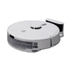 A white Spritz Robot Vacuum and Mop with a circular design is shown against a light background. The Spritz Robot Vacuum and Mop features a central elevated area with buttons and a slight protrusion at the top, likely housing sensors and a mop attachment for extra cleaning efficiency.