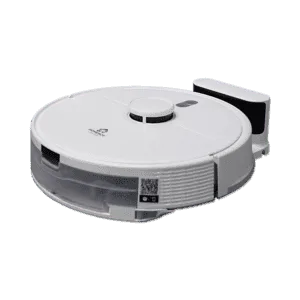 A white Spritz Robot Vacuum and Mop with a circular design is shown against a light background. The Spritz Robot Vacuum and Mop features a central elevated area with buttons and a slight protrusion at the top, likely housing sensors and a mop attachment for extra cleaning efficiency.