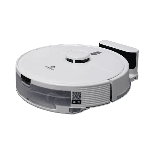 A white Spritz Robot Vacuum and Mop with a circular design is shown against a light background. The Spritz Robot Vacuum and Mop features a central elevated area with buttons and a slight protrusion at the top, likely housing sensors and a mop attachment for extra cleaning efficiency.