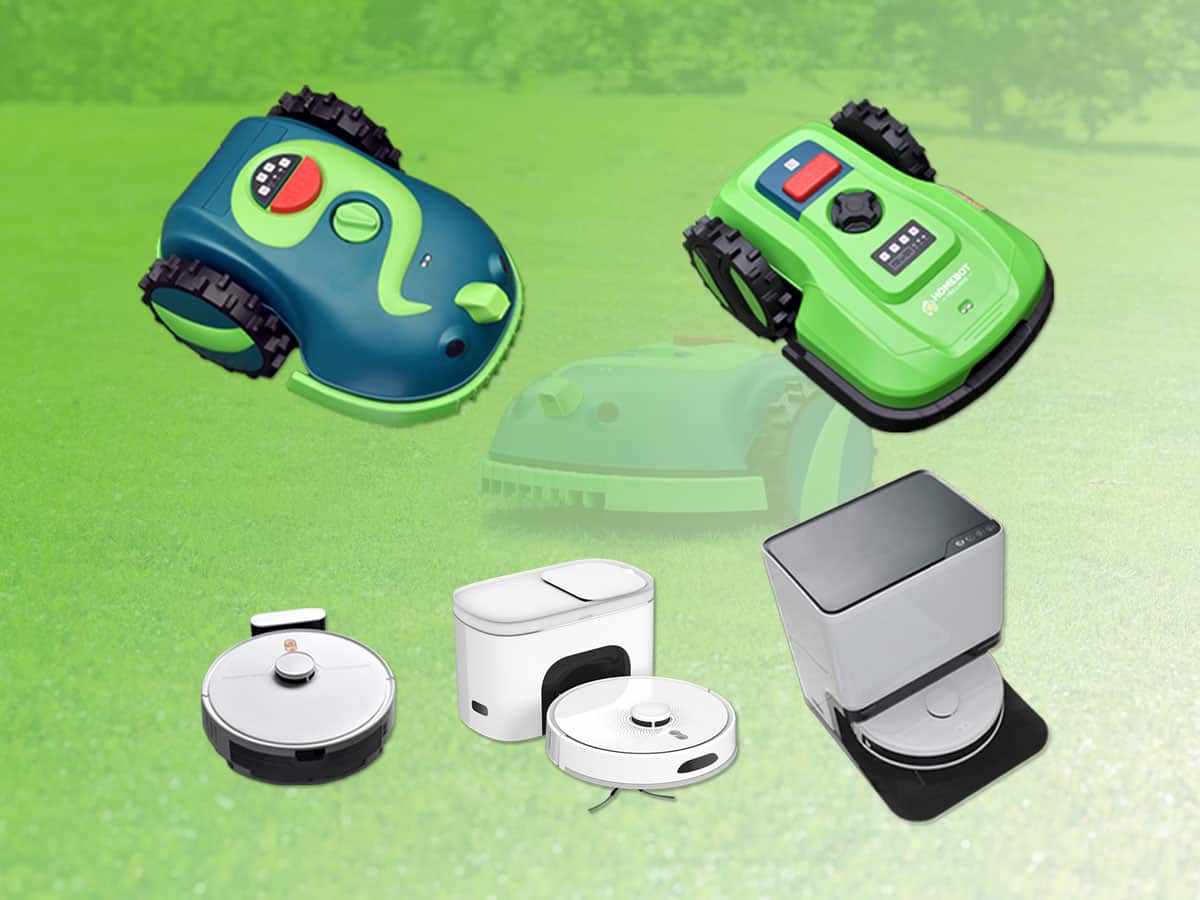 The image shows an assortment of robotic devices on a grassy background. Two robotic lawnmowers are at the top, one dark green and the other light green. Below them are three robotic vacuum and mop cleaners, each with a distinct design and colour.