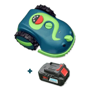 A light and dark green HomeBot Buddy Power Pack robotic lawn mower with rugged wheels and a black control panel on top. Below it is a detachable extra 18V lithium Power Pack with a red release button. A plus symbol is placed between the mower and the battery pack, indicating they are a set.