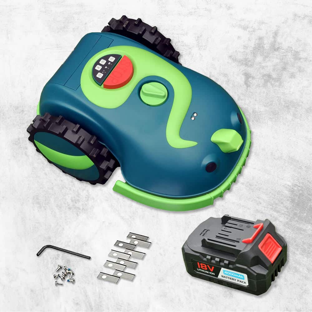 A light and dark robotic lawn mower - "Buddy" with black tires is shown on a grey background. Beside it are an 18V lithium-ion battery pack, multiple replacement blades, and an allen wrench.