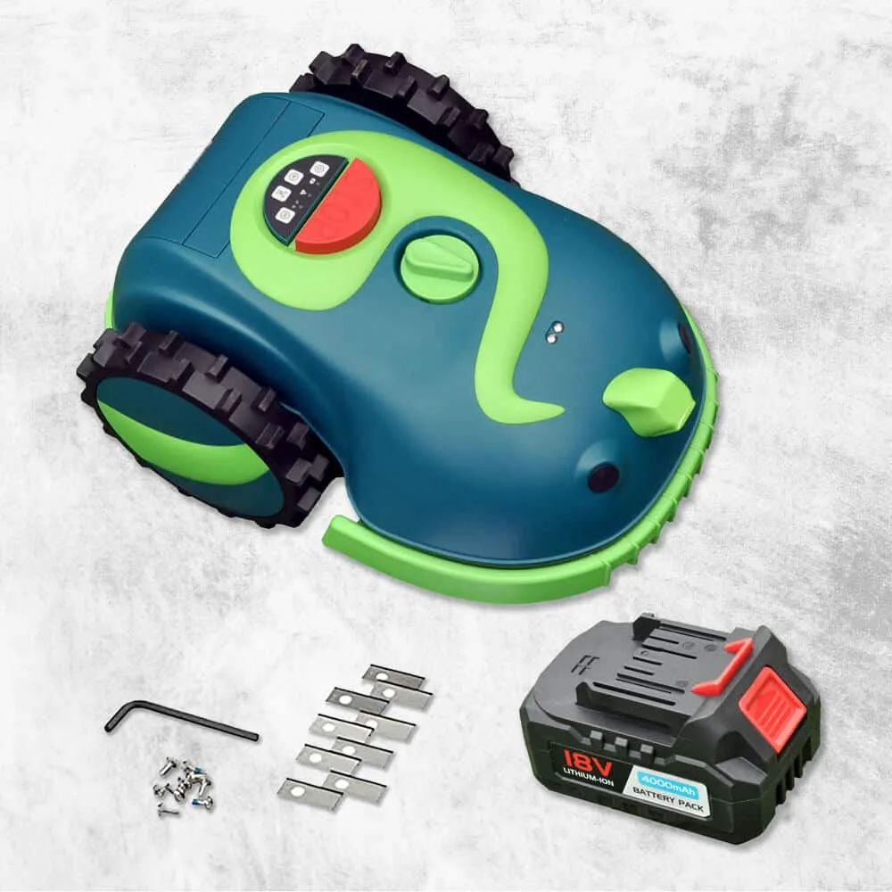 A light and dark robotic lawn mower - "Buddy" with black tires is shown on a grey background. Beside it are an 18V lithium-ion battery pack, multiple replacement blades, and an allen wrench.