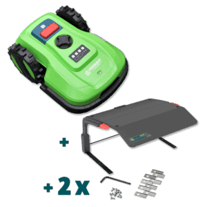 A green robotic lawn mower named Chomper as part of the Complete Care Bundle with control buttons on top is shown. The Bundle includes a rain shelter and two sets of replacement blades.