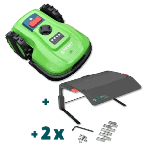 A green robotic lawn mower named Chomper as part of the Complete Care Bundle with control buttons on top is shown. The Bundle includes a rain shelter and two sets of replacement blades.