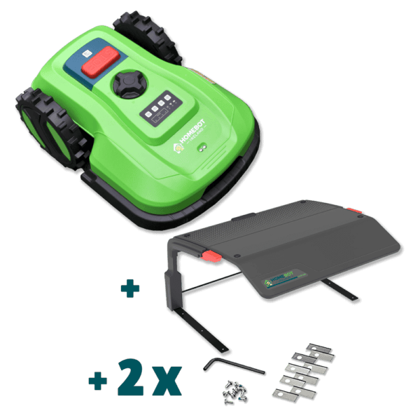 A green robotic lawn mower named Chomper as part of the Complete Care Bundle with control buttons on top is shown. The Bundle includes a rain shelter and two sets of replacement blades.