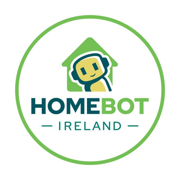 The image is a logo for "HomeBot Ireland." It features a green circle encompassing a stylized house with a robot figure inside. The text "HOME" in dark green and "BOT" in light green is written below the house, with "IRELAND" in smaller text underneath.