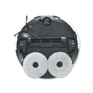 The underside of the Glider Robot Vacuum and Mop features two rotating mop pads, large wheels, a roller brush, and a side brush. The white casing outlines the components perfectly.