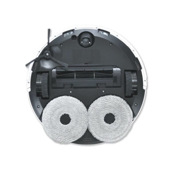 The underside of the Glider Robot Vacuum and Mop features two rotating mop pads, large wheels, a roller brush, and a side brush. The white casing outlines the components perfectly.