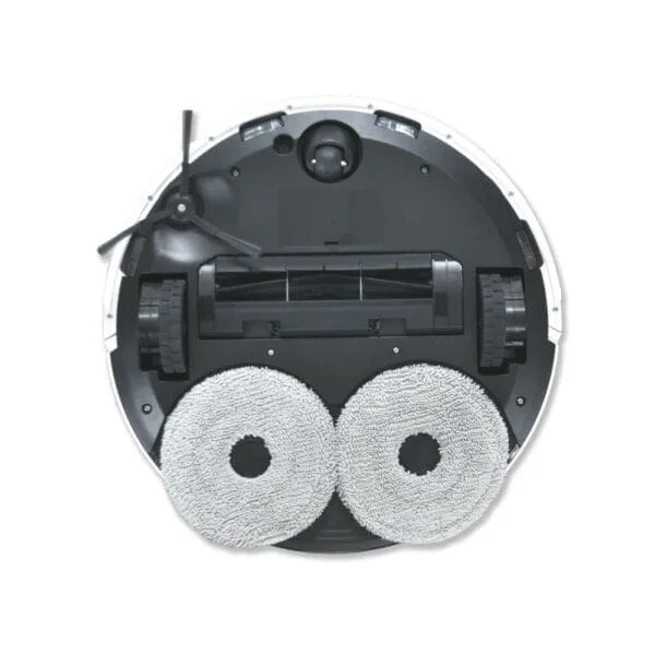 The underside of the Glider Robot Vacuum and Mop features two rotating mop pads, large wheels, a roller brush, and a side brush. The white casing outlines the components perfectly.