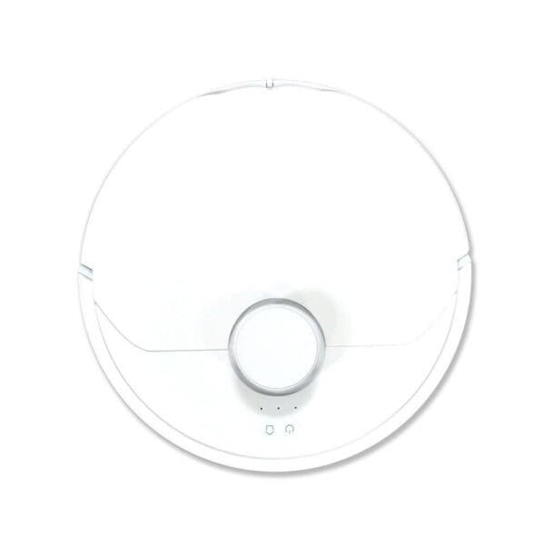 A white circular robot vacuum cleaner is shown from above. It has a raised central sensor and two small indicator lights near the bottom edge. This modern Glider Robot Vacuum and Mop combines minimalistic design with advanced cleaning capabilities, seamlessly gliding across your floors to keep them spotless.