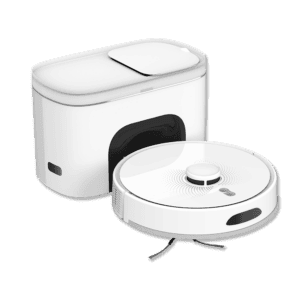 A Dottie Robot Vacuum and Mop, affectionately named Dottie, is positioned beside its sleek white docking station. The circular vacuum features a central raised disc and two brush arms extending from the front. With a curved front and an opening for access, the docking station keeps Dottie ready to mop and clean.