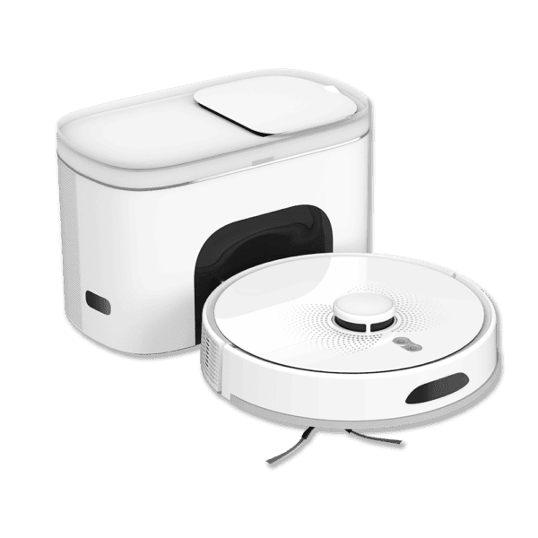 A Dottie Robot Vacuum and Mop, affectionately named Dottie, is positioned beside its sleek white docking station. The circular vacuum features a central raised disc and two brush arms extending from the front. With a curved front and an opening for access, the docking station keeps Dottie ready to mop and clean.