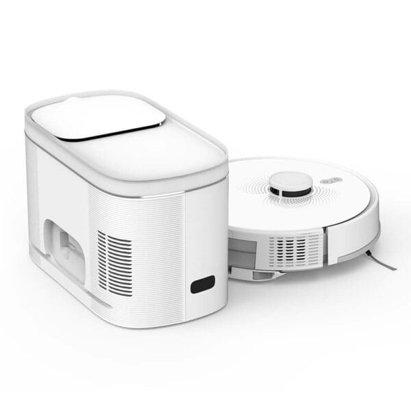 A sleek, white Dottie Robot Vacuum and Mop is seen docked beside its charging and cleaning station. The vacuum features a round, minimalist design with a small turret on top, while the station has a modern, rectangular shape with ventilation slits and a visible compartment.