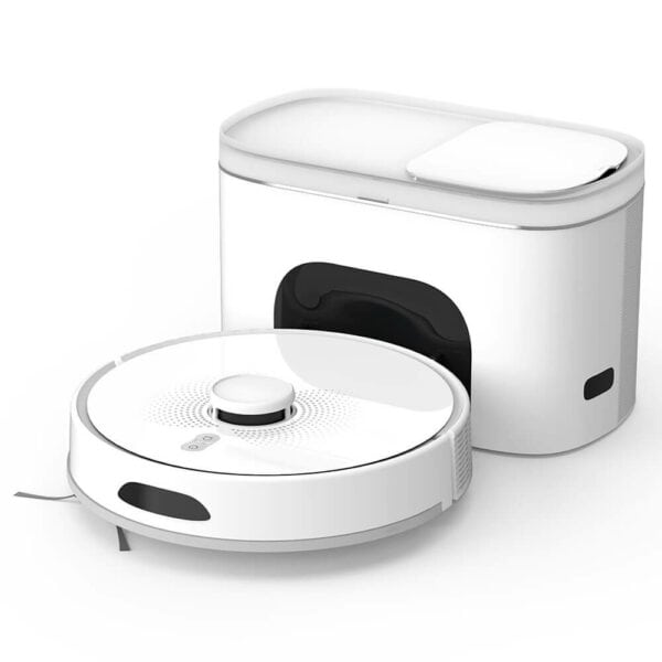 A white Dottie Robot Vacuum and Mop, affectionately named Dottie, sits next to its docking station. Dottie has a circular design with a protruding sensor on top, while the rectangular docking station features a compartment on top. Both devices boast a modern, sleek aesthetic.