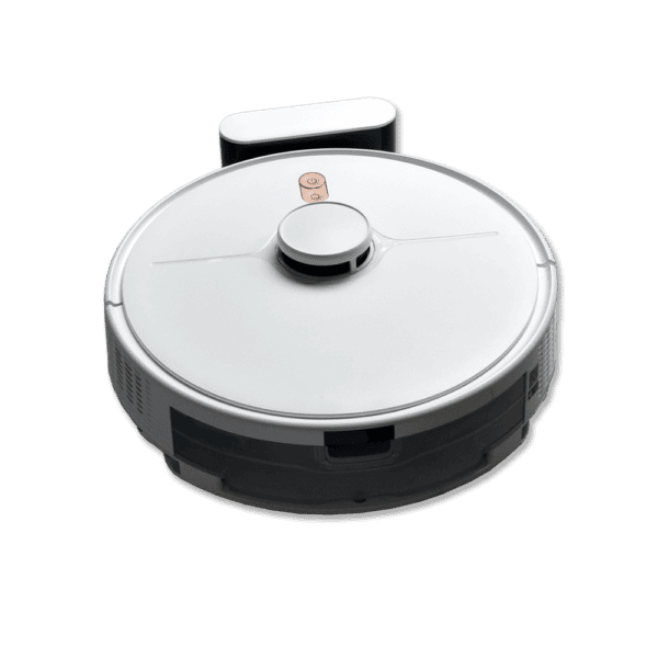 A white Spritz Robot Vacuum and Mop with a circular design is shown against a light background. The Spritz Robot Vacuum and Mop features a central elevated area with buttons and a slight protrusion at the top, likely housing sensors and a mop attachment for extra cleaning efficiency.