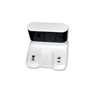 Charging dock for Spritz robot lawn mower A white and black charging dock for Spritz robot lawn mower. The rectangular top section has a black accent with indicator lights.
