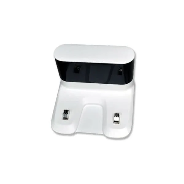 A white and black charging dock for Spritz robot lawn mower. The rectangular top section has a black accent with indicator lights.