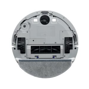 The underside of a Spritz Robot Vacuum and Mop The underside of a Spritz Robot Vacuum and Mop, featuring a roller brush, two rubber wheels, two smaller wheels, and a mop attachment at the back. The vacuum is predominantly grey with black components, and the textured grey mop is designed for effective cleaning.
