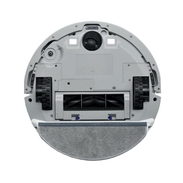 The underside of a Spritz Robot Vacuum and Mop, featuring a roller brush, two rubber wheels, two smaller wheels, and a mop attachment at the back. The vacuum is predominantly grey with black components, and the textured grey mop is designed for effective cleaning.