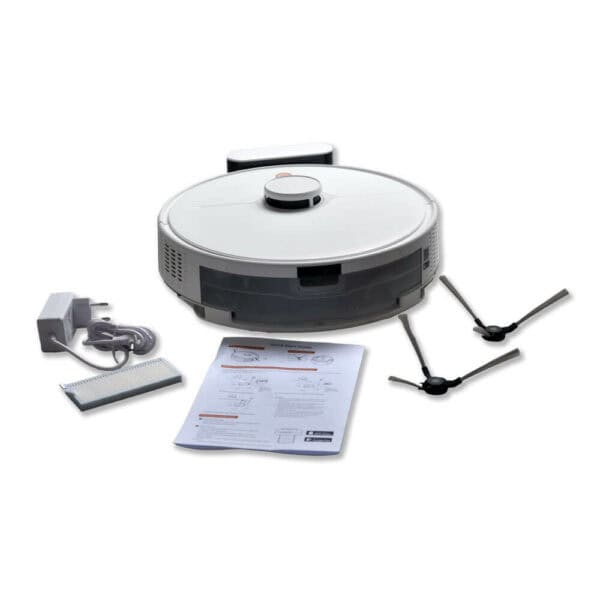 A white robot vacuum cleaner is pictured alongside its accessories, showcasing a power adapter, two side brushes, a filter, and an instruction manual with a white cover. Additionally, there's a mop attachment included. The accessories are neatly arranged around the Spritz Robot Vacuum and Mop on a white background.